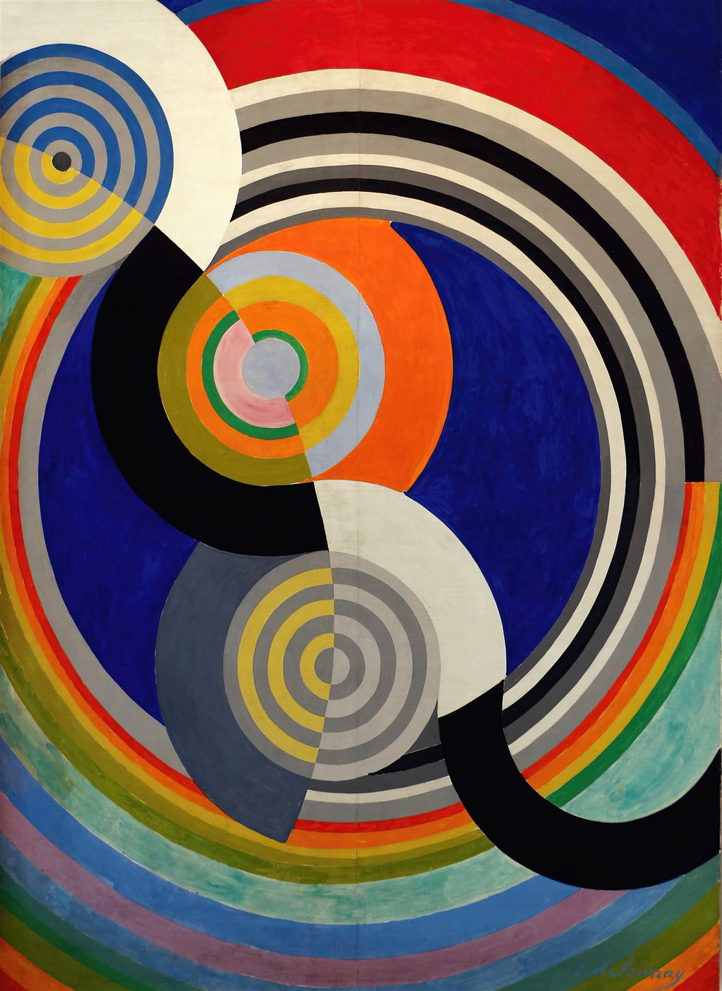 Quadro abstrato colorido de Robert Delaunay, com formas circulares e semicirculares em tons de azul, vermelho, laranja, amarelo e cinza, sobre fundo azul escuro e vermelho vibrante, evocando movimento e ritmo.