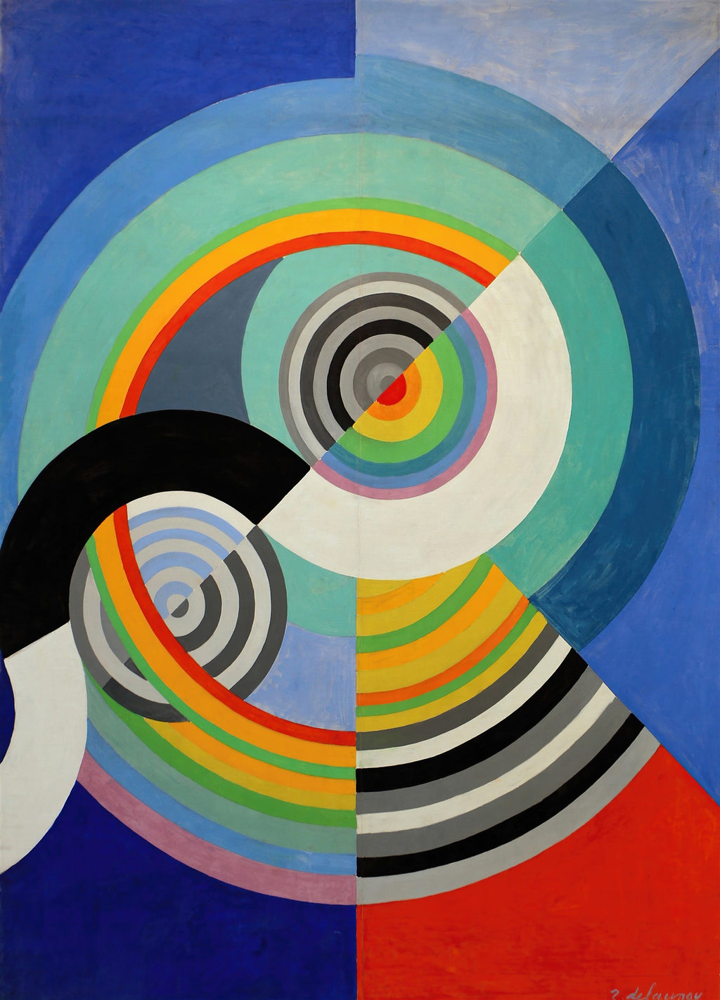 Quadro decorativo abstrato de Robert Delaunay com círculos e arcos coloridos em tons de azul, verde, amarelo, vermelho, preto e cinza.
