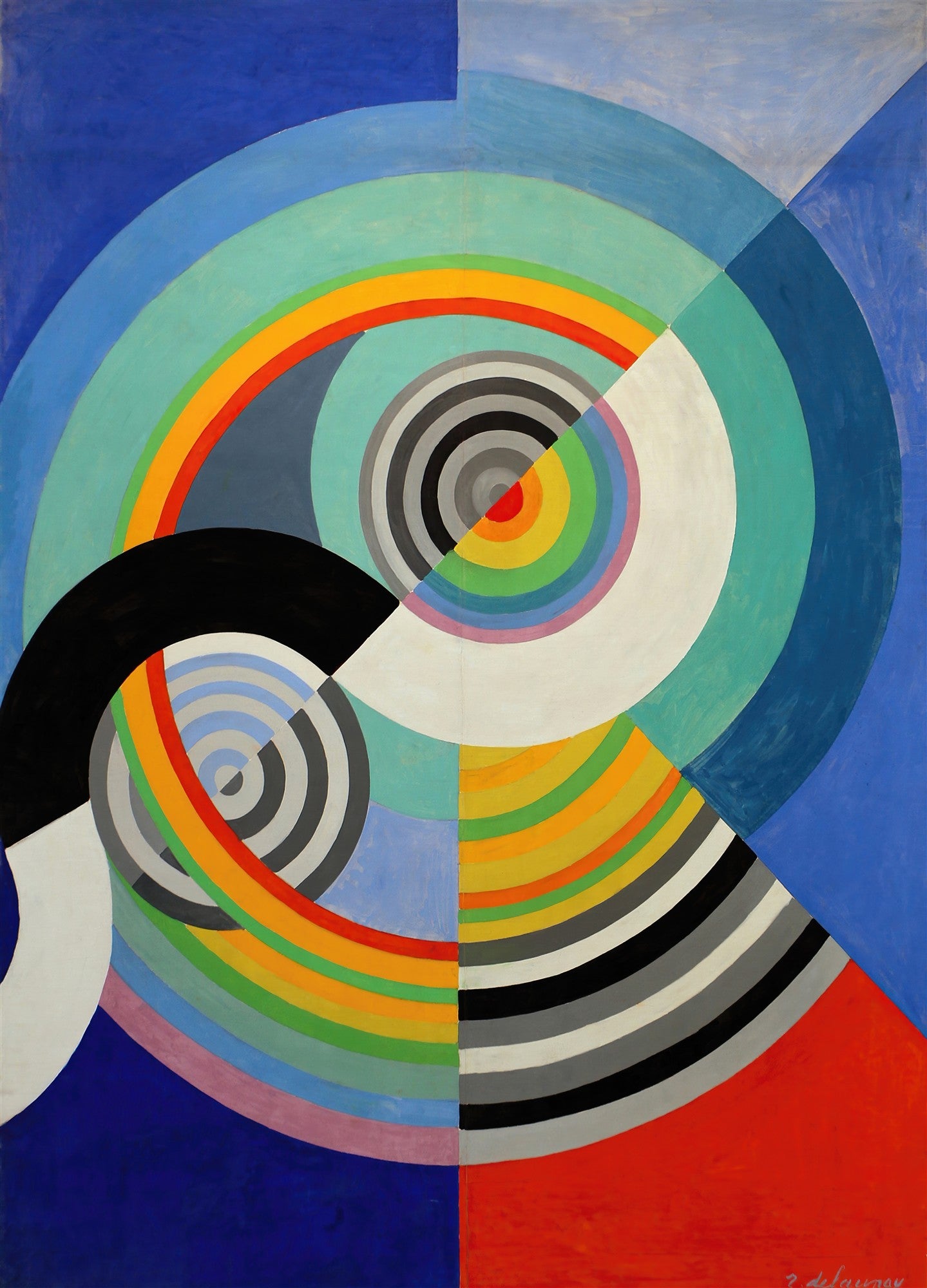 Quadro decorativo abstrato de Robert Delaunay com círculos e arcos coloridos em tons de azul, verde, amarelo, vermelho, preto e cinza.