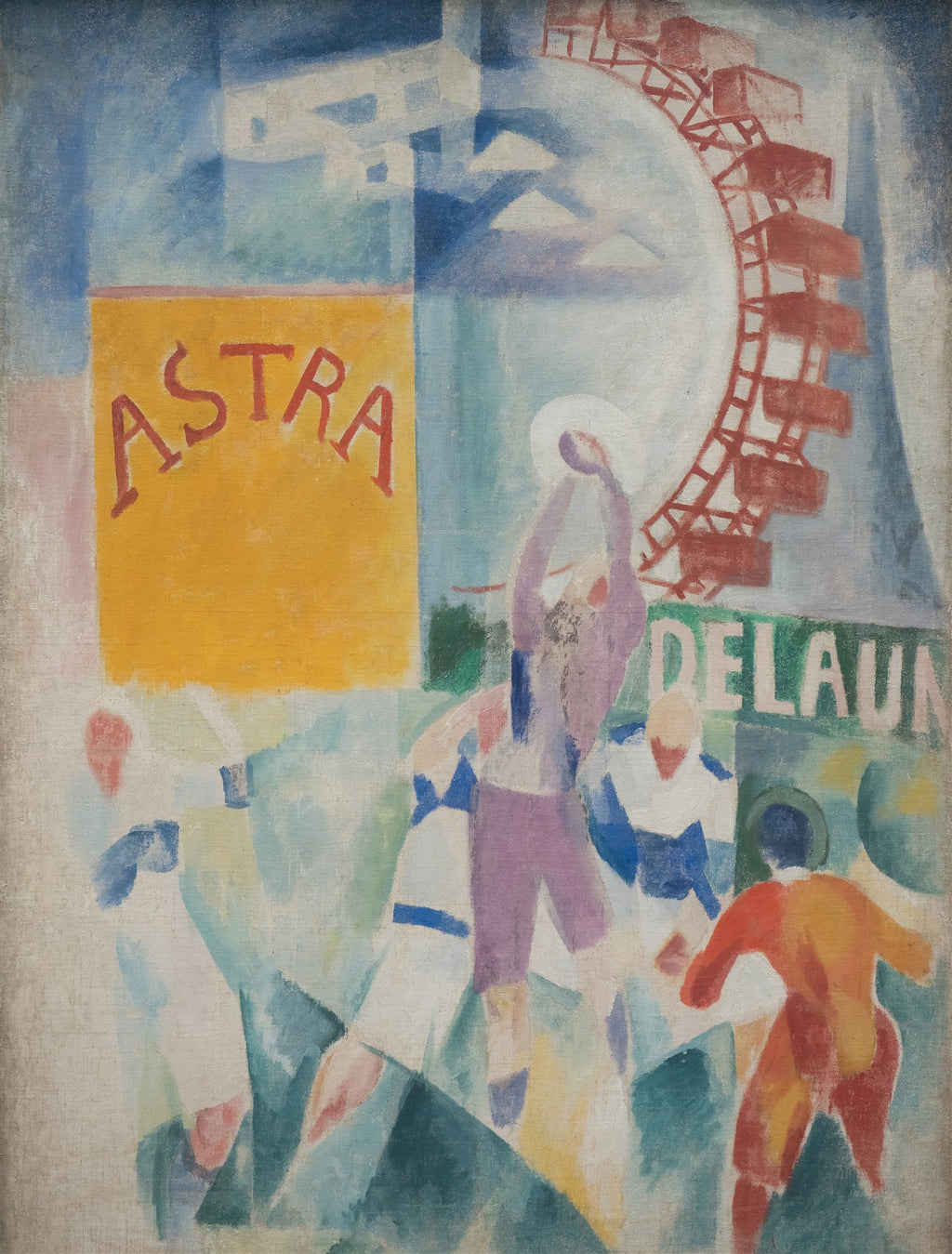 Pintura abstrata colorida de Robert Delaunay, 'A Equipe de Cardiff', mostrando figuras atléticas e elementos urbanos como uma roda gigante e letreiros, com tons de azul, amarelo, vermelho e verde.