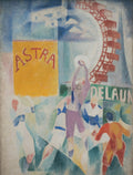 Pintura abstrata colorida de Robert Delaunay, 'A Equipe de Cardiff', mostrando figuras atléticas e elementos urbanos como uma roda gigante e letreiros, com tons de azul, amarelo, vermelho e verde.