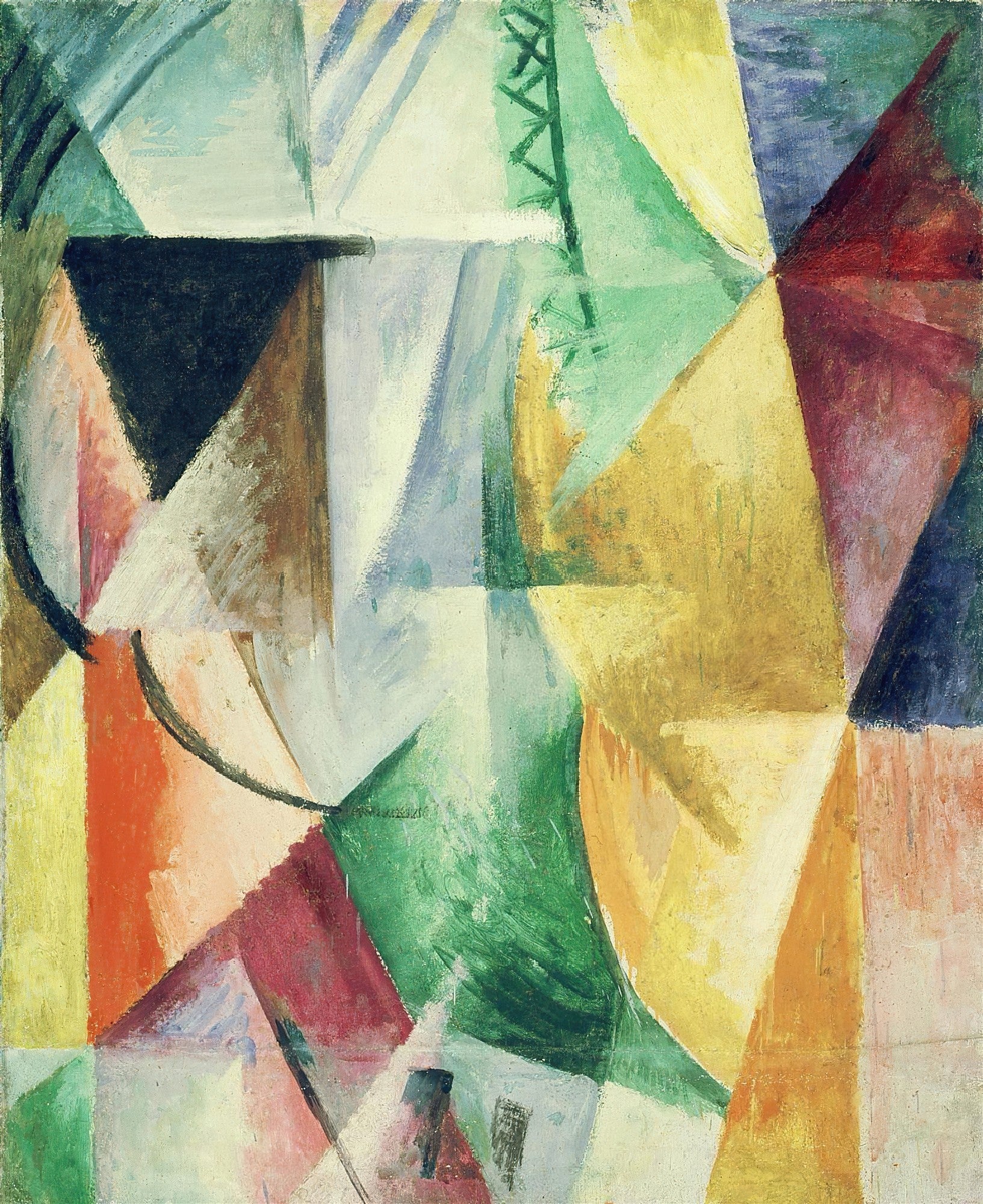Uma pintura abstrata de Robert Delaunay, representando a Torre Eiffel em cores vibrantes e formas geométricas fragmentadas, com tons de verde, azul, amarelo e vermelho predominando.