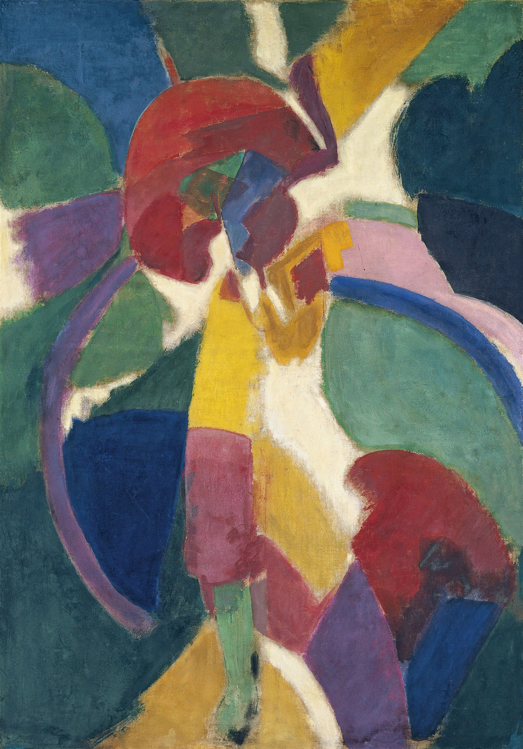Quadro abstrato de Robert Delaunay com formas circulares e geométricas em cores vibrantes como vermelho, azul, verde, amarelo e roxo sobre fundo claro.