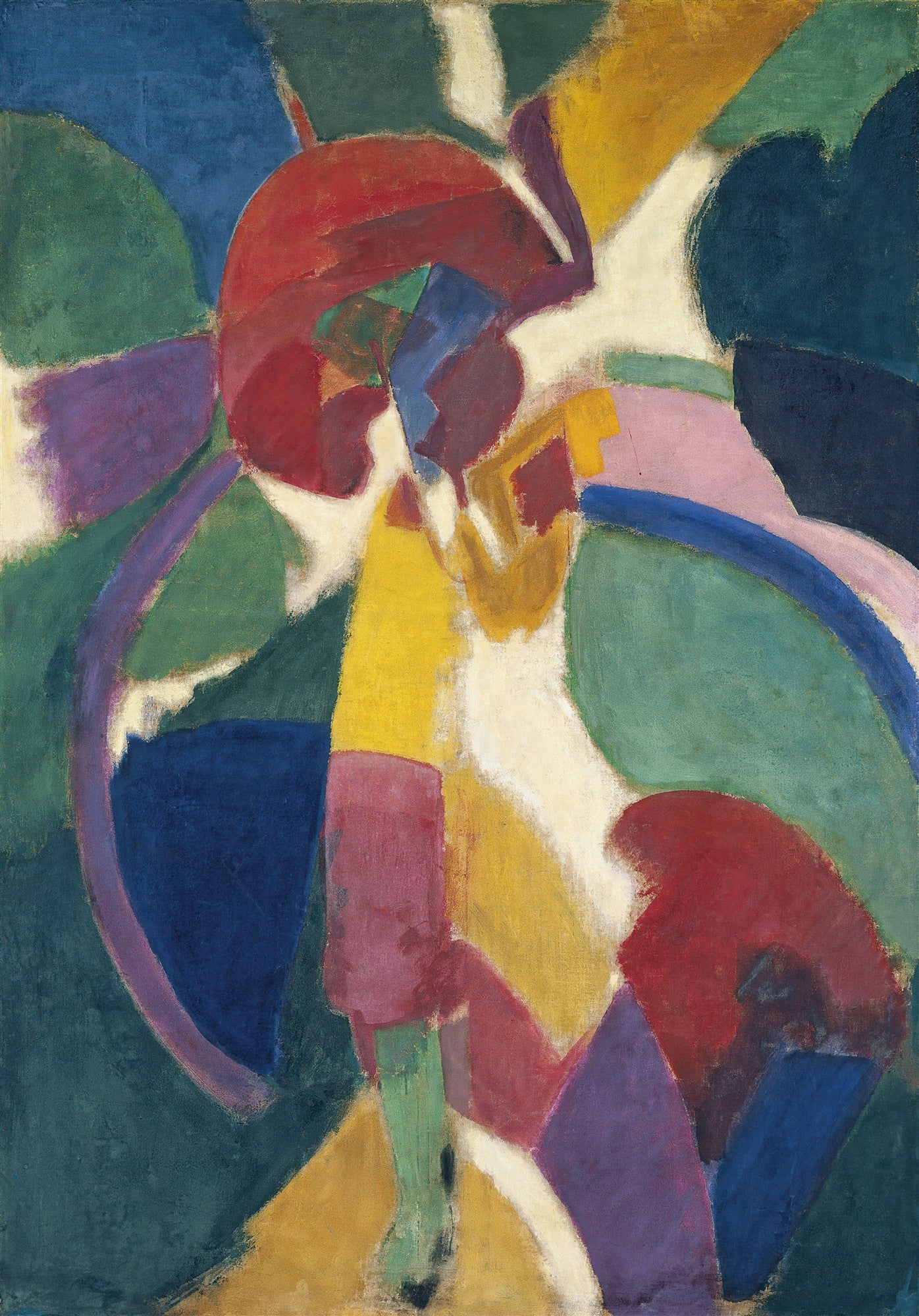 Quadro abstrato de Robert Delaunay com formas circulares e geométricas em cores vibrantes como vermelho, azul, verde, amarelo e roxo sobre fundo claro.
