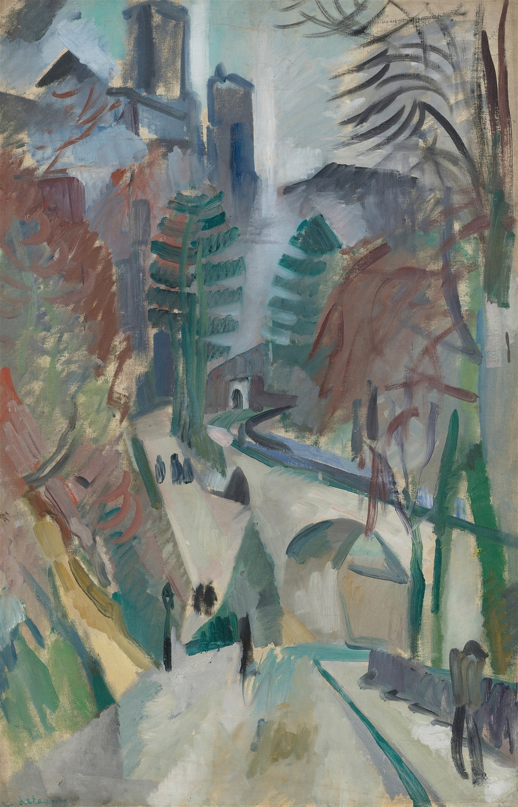 Pintura a óleo de Robert Delaunay de uma paisagem urbana com edifícios altos e uma estrada sinuosa, com figuras humanas abstratas. Predominam tons de azul, verde, marrom e cinza.