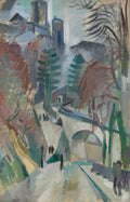 Pintura a óleo de Robert Delaunay de uma paisagem urbana com edifícios altos e uma estrada sinuosa, com figuras humanas abstratas. Predominam tons de azul, verde, marrom e cinza.