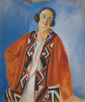 Retrato de mulher com semblante sério, vestindo um manto laranja e preto com padrões geométricos. Fundo azul. Obra de Robert Delaunay.