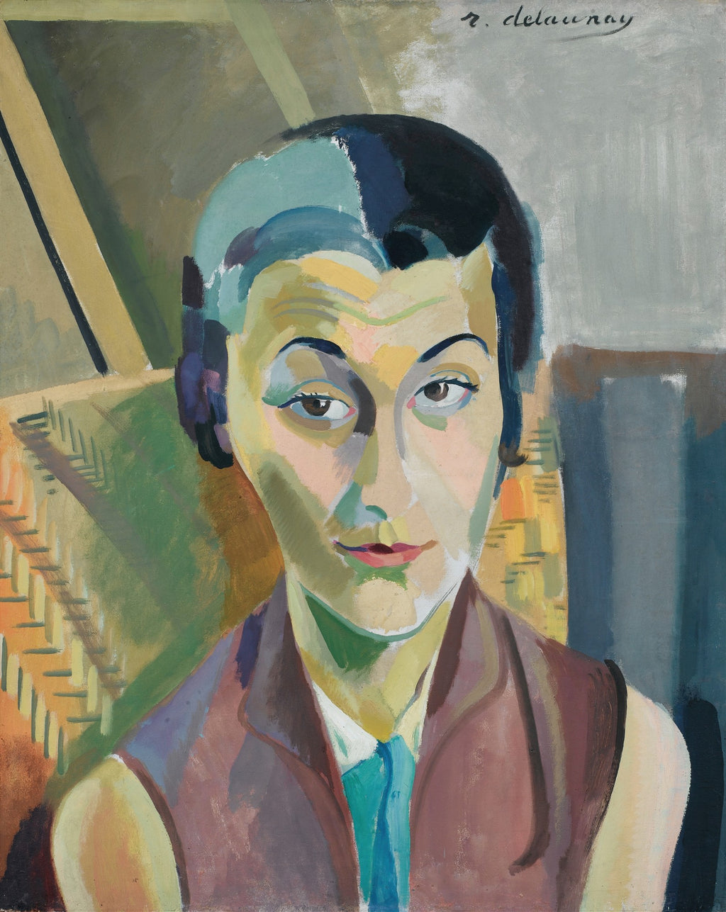 Retrato de mulher com cabelo escuro e rosto com tons de verde e rosa, pintado no estilo cubista ou órfico por Robert Delaunay, com a assinatura no canto superior direito. A mulher usa um colete marrom e gravata azul-turquesa.