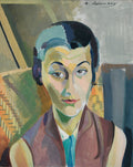 Retrato de mulher com cabelo escuro e rosto com tons de verde e rosa, pintado no estilo cubista ou órfico por Robert Delaunay, com a assinatura no canto superior direito. A mulher usa um colete marrom e gravata azul-turquesa.
