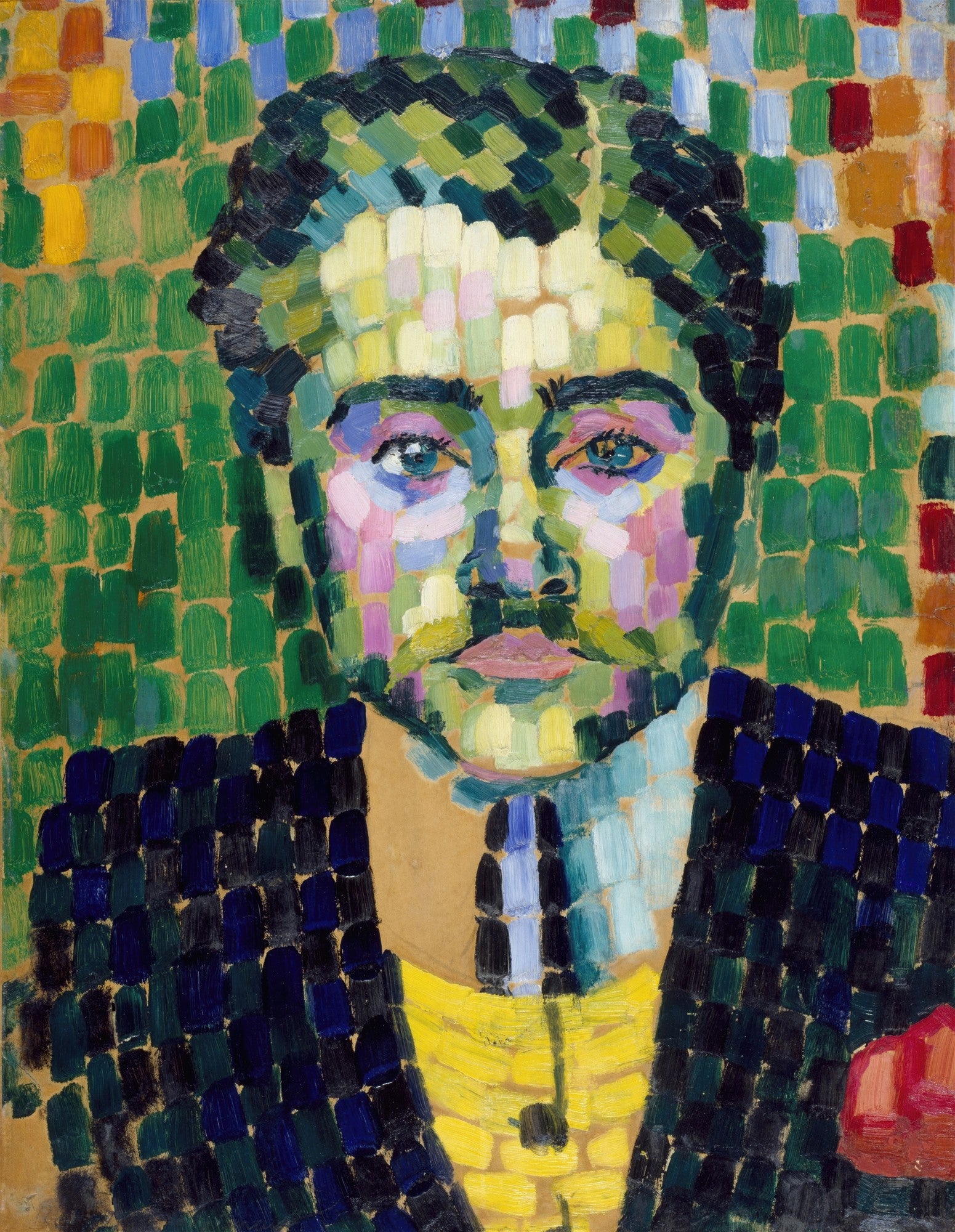 Retrato de Jean Metzinger por Robert Delaunay, com rosto e ombros do retratado compostos por pinceladas retangulares em cores vibrantes como verde, azul, amarelo e rosa, sobre fundo predominantemente verde e ocre. O artista usa uma técnica divisionista, com o fundo fragmentado em retângulos de cor e o rosto e vestimenta também construídos por pinceladas curtas e distintas.