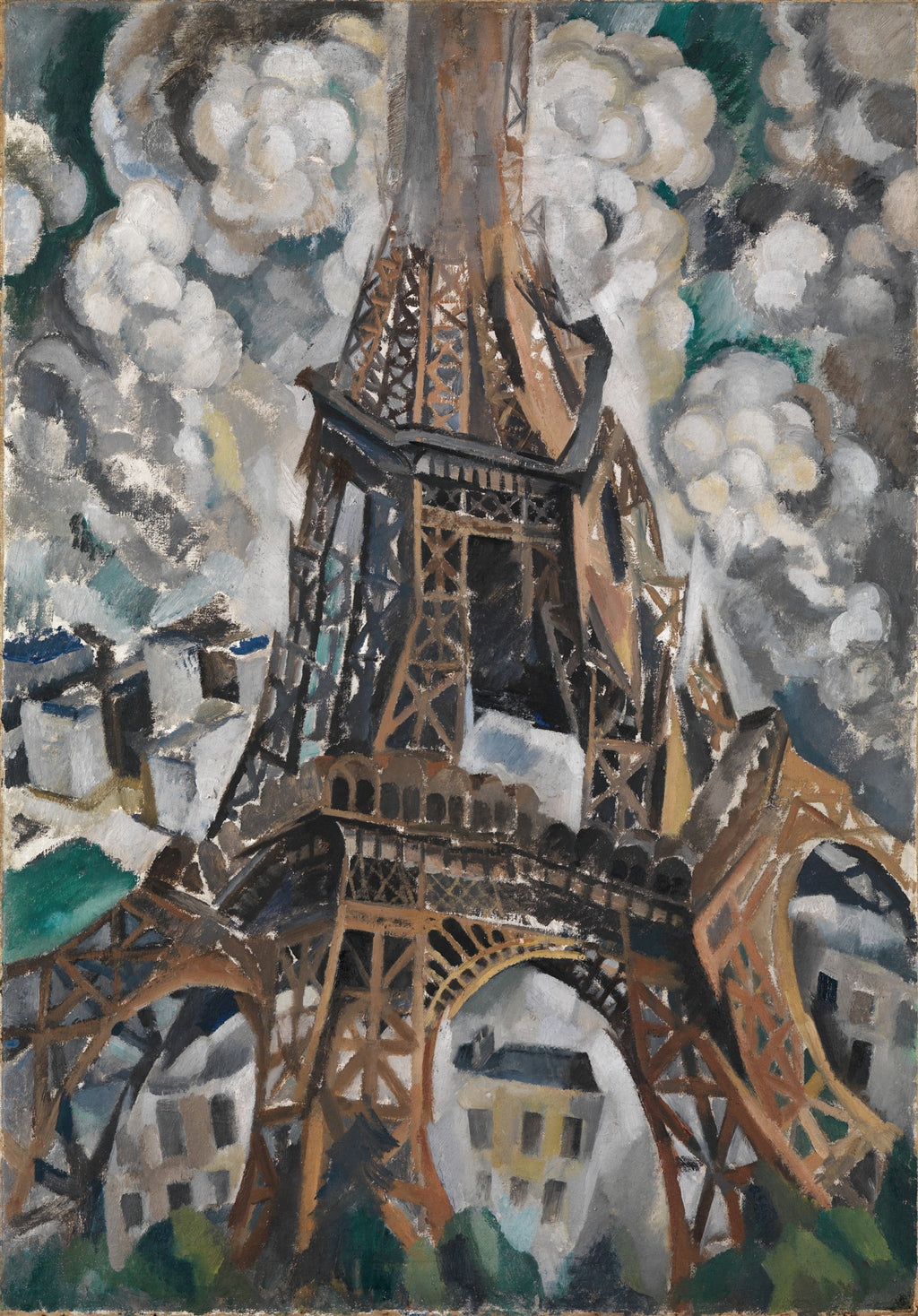 Pintura a óleo de Robert Delaunay da Torre Eiffel em tons de marrom, cinza e azul, com nuvens brancas e escuras ao redor e edifícios estilizados na base, em estilo cubista/orfista.