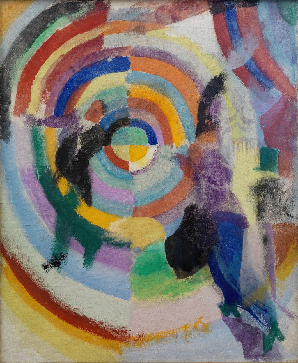 Pintura abstrata de Robert Delaunay com círculos concêntricos e segmentos em cores vibrantes como vermelho, azul, amarelo, verde e roxo, sugerindo movimento e ritmo. Cores primárias e secundárias se misturam em composição dinâmica.