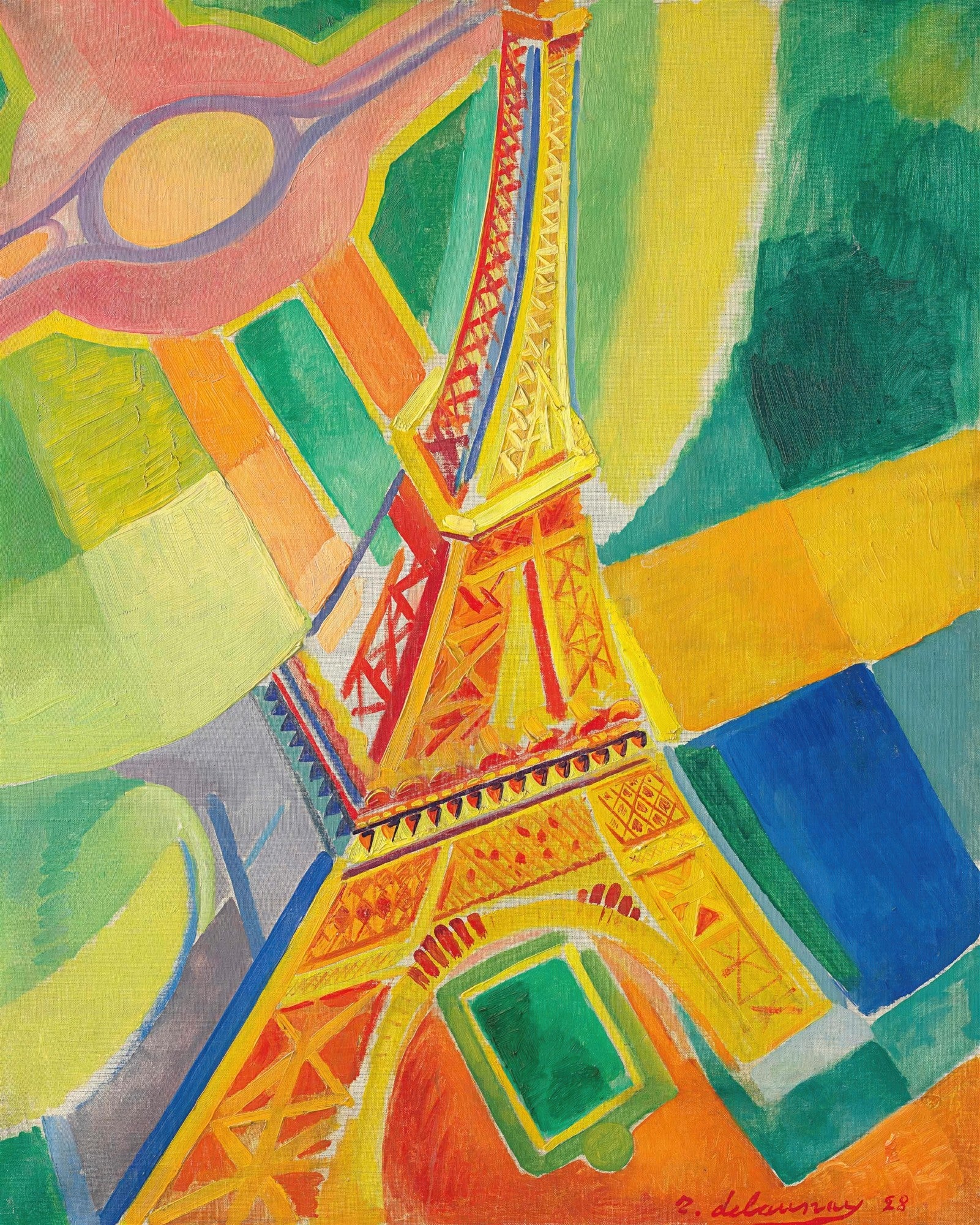 Pintura a óleo de Robert Delaunay mostrando a Torre Eiffel em cores vivas e fragmentadas, com tons de amarelo, verde, azul e vermelho em formas geométricas abstratas, sugerindo a estrutura da torre e o entorno urbano.