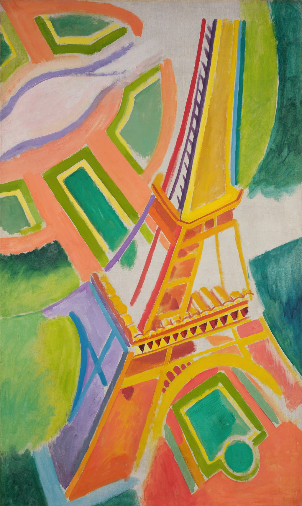 Pintura abstrata colorida da Torre Eiffel de Robert Delaunay, com tons de amarelo, laranja, verde e azul em formas geométricas e fluidas.