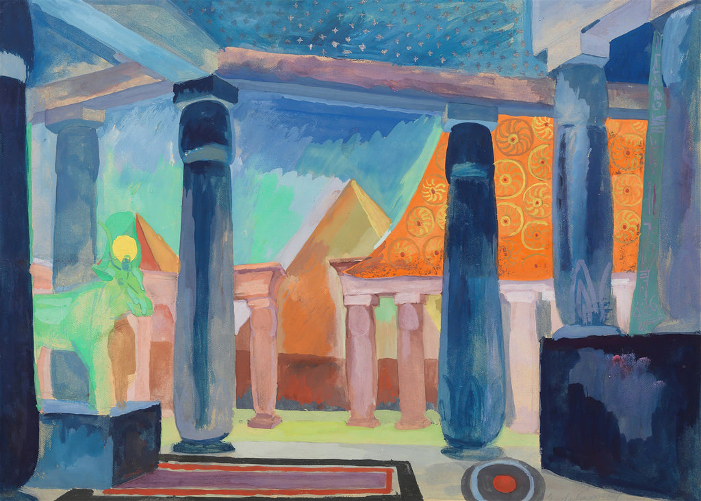 Quadro decorativo 'O Templo de Luxor' de Robert Delaunay, com colunas azuis escuras, pirâmides e estruturas em tons de laranja e verde, sob um céu estrelado.