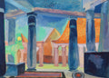 Quadro decorativo 'O Templo de Luxor' de Robert Delaunay, com colunas azuis escuras, pirâmides e estruturas em tons de laranja e verde, sob um céu estrelado.