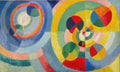 Uma pintura abstrata de Robert Delaunay, Formes Circulaires, Soleil n°2, com múltiplos círculos concêntricos e segmentos de círculo em cores vibrantes como azul, amarelo, vermelho e verde, que se sobrepõem e interagem, criando um efeito dinâmico e luminoso.