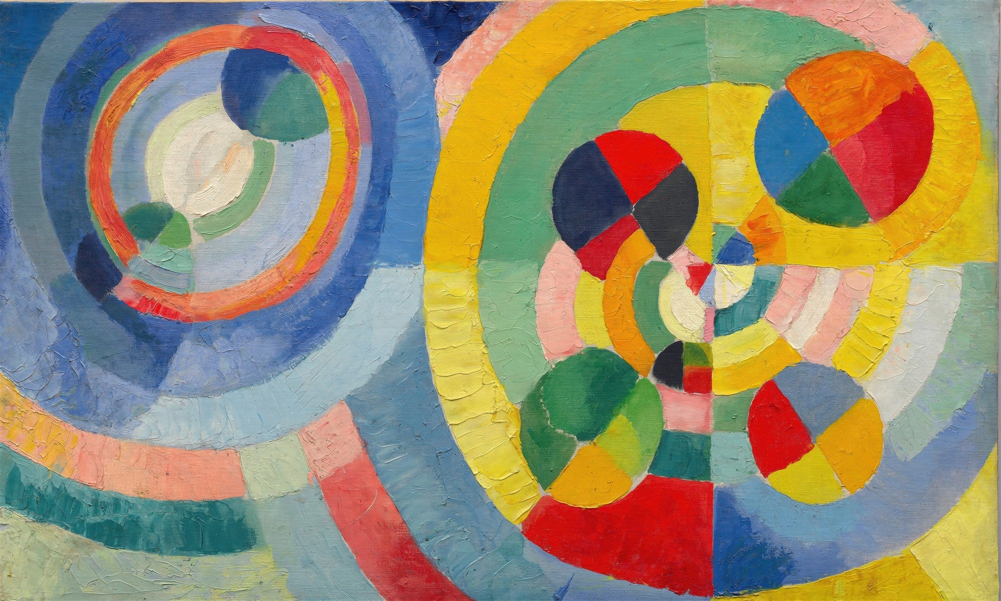 Uma pintura abstrata de Robert Delaunay, Formes Circulaires, Soleil n°2, com múltiplos círculos concêntricos e segmentos de círculo em cores vibrantes como azul, amarelo, vermelho e verde, que se sobrepõem e interagem, criando um efeito dinâmico e luminoso.