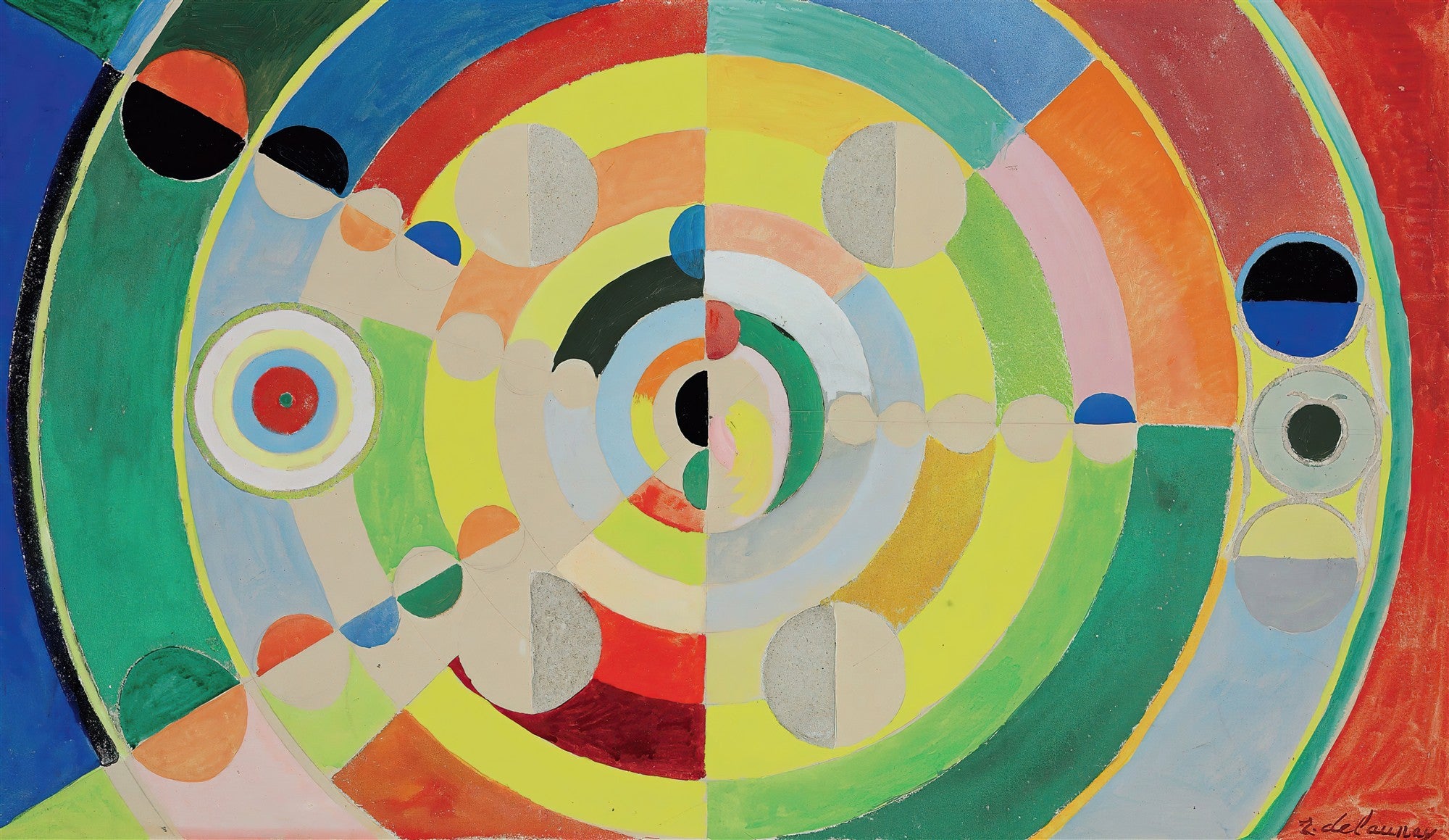 Quadro abstrato de Robert Delaunay com círculos concêntricos em tons vibrantes de azul, verde, amarelo, vermelho e laranja, com detalhes em preto, branco e cinza, criando um efeito de movimento e profundidade.