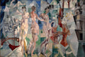 Quadro decorativo 'A Cidade de Paris' de Robert Delaunay, com figuras nuas e elementos urbanos como a Torre Eiffel, em estilo orfista com cores vibrantes e formas geométricas fragmentadas.