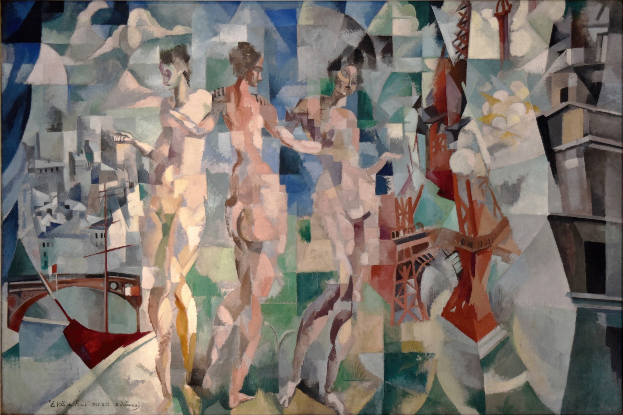 Quadro decorativo 'A Cidade de Paris' de Robert Delaunay, com figuras nuas e elementos urbanos como a Torre Eiffel, em estilo orfista com cores vibrantes e formas geométricas fragmentadas.