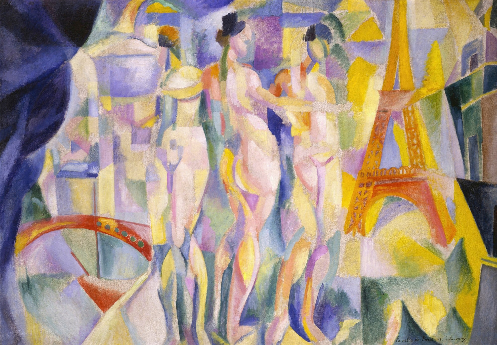 Quadro 'A Cidade de Paris' de Robert Delaunay, exibindo figuras nuas e a Torre Eiffel em cores vibrantes e formas geométricas fragmentadas. Estilo orfista com predominância de tons amarelos, azuis e roxos.