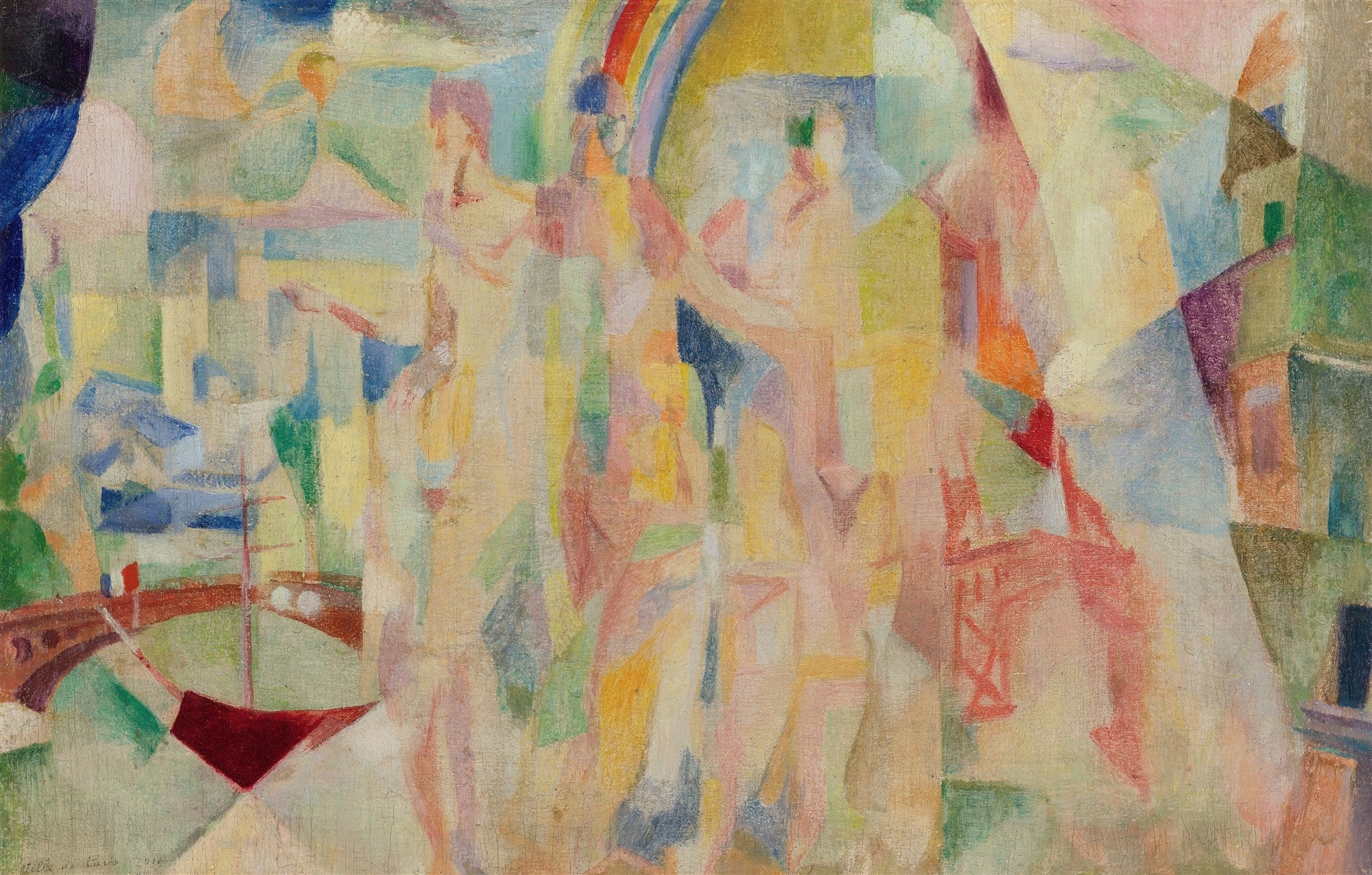 Quadro abstrato vibrante de Robert Delaunay com formas geométricas que sugerem uma paisagem urbana com figuras humanas e a Torre Eiffel, em tons de azul, amarelo, rosa e verde.