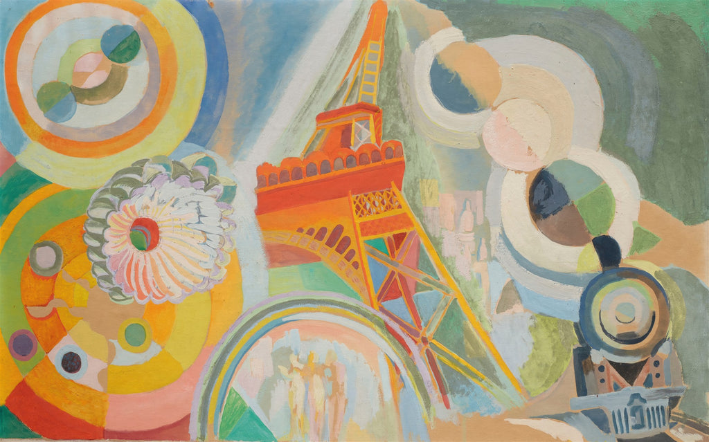 Pintura abstrata de Robert Delaunay, 'A Torre Eiffel', com formas circulares e geométricas em tons vibrantes de laranja, azul, verde e amarelo, representando a icônica torre em estilo órfico.