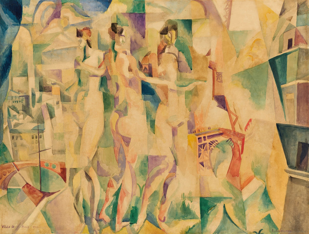 Quadro abstrato de Robert Delaunay com figuras nuas e elementos arquitetônicos de Paris em tons pastel de azul, verde, ocre e roxo
