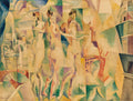 Quadro abstrato de Robert Delaunay com figuras nuas e elementos arquitetônicos de Paris em tons pastel de azul, verde, ocre e roxo