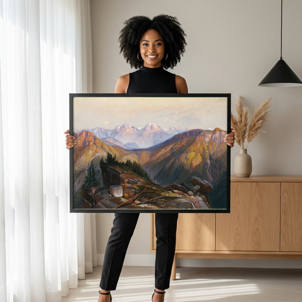 Quadro Decorativo Cume das Montanhas Rochosas - Thomas Moran com modelo em ambiente
