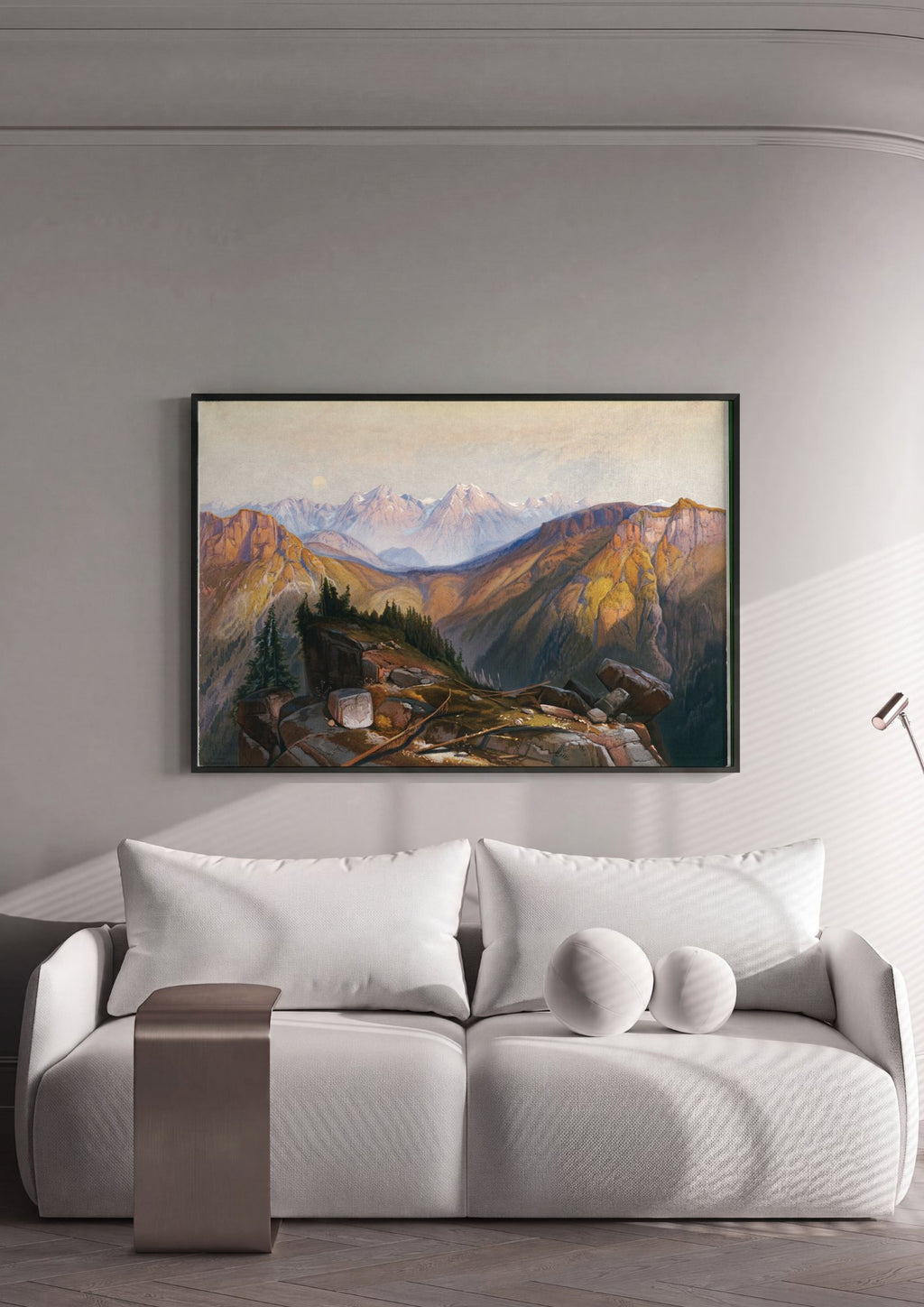Quadro Decorativo Cume das Montanhas Rochosas - Thomas Moran em ambiente decorado