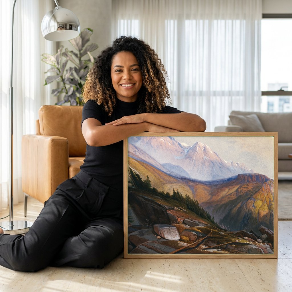 Quadro Decorativo Cume das Montanhas Rochosas - Thomas Moran com modelo em ambiente