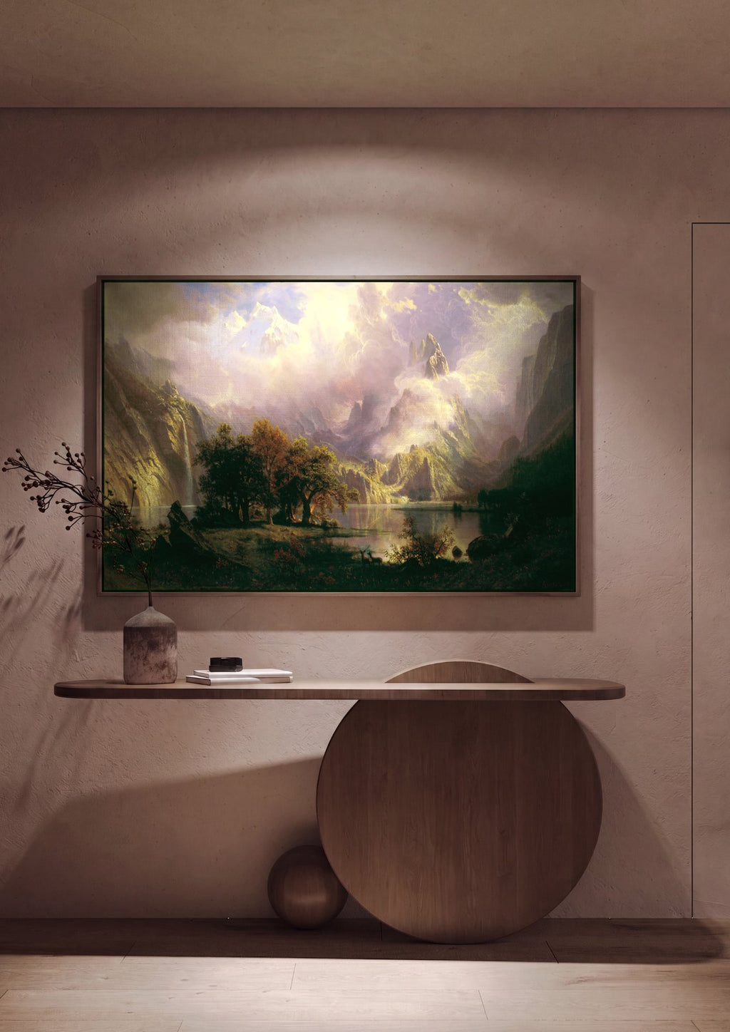 Quadro Decorativo Cume das Montanhas Rochosas - Bierstadt em ambiente decorado