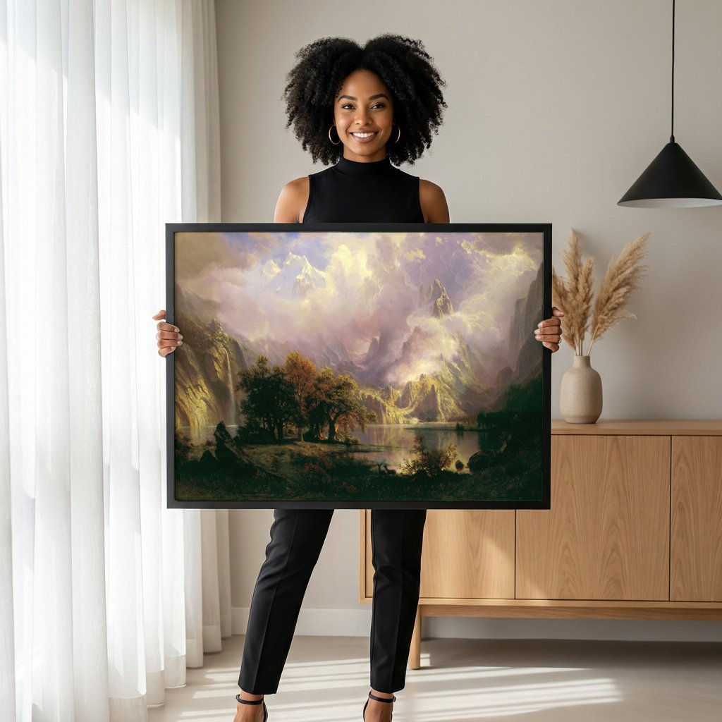 Quadro Decorativo Cume das Montanhas Rochosas - Bierstadt com modelo em ambiente