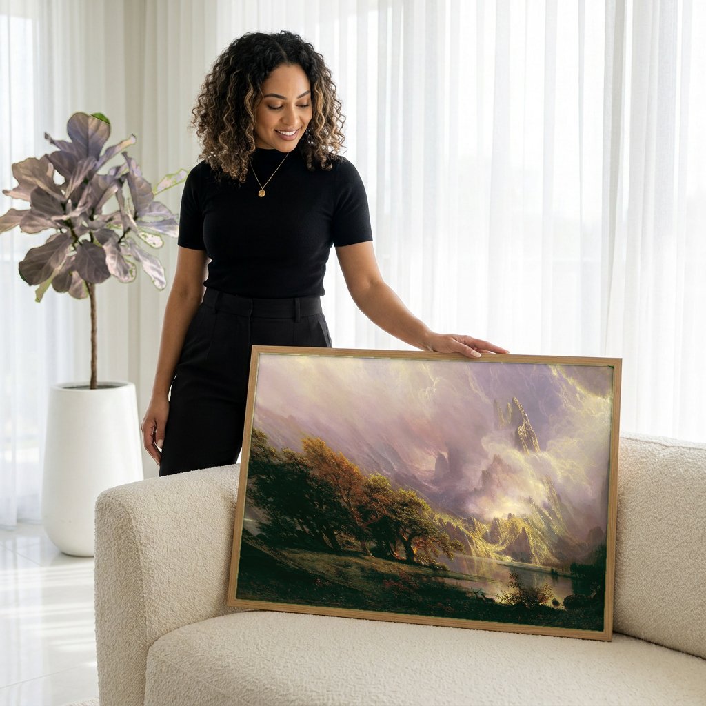 Quadro Decorativo Cume das Montanhas Rochosas - Bierstadt com modelo em ambiente