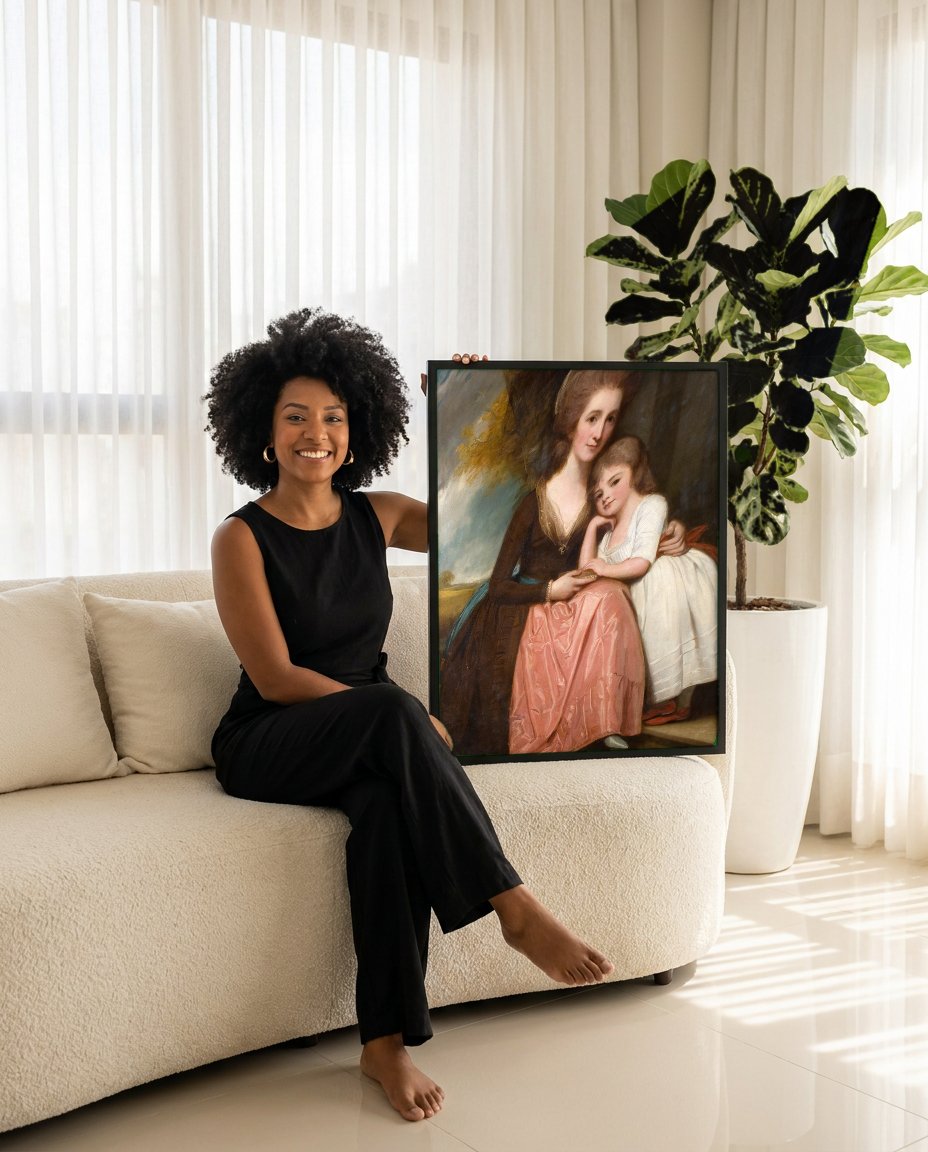 Quadro Decorativo Mãe e Filha - George Romney com modelo em ambiente