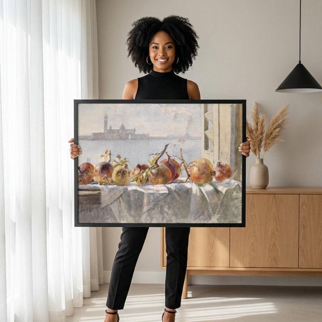 Quadro Decorativo Natureza-Morta com Romãs - Marie Egner com modelo em ambiente