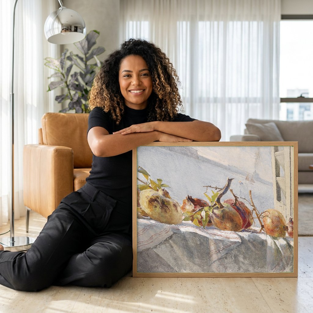 Quadro Decorativo Natureza-Morta com Romãs - Marie Egner com modelo em ambiente