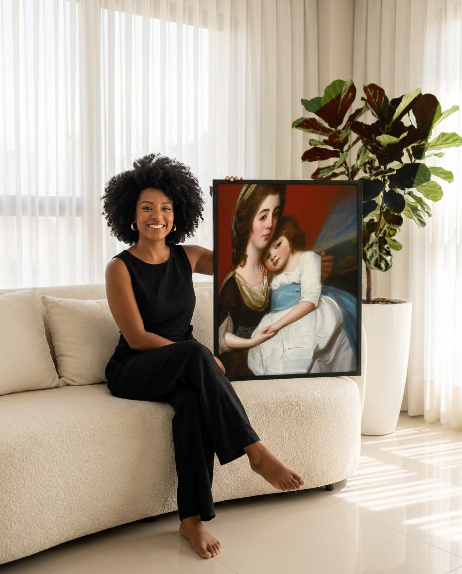 Quadro Decorativo Mãe e Filha - George Romney com modelo em ambiente