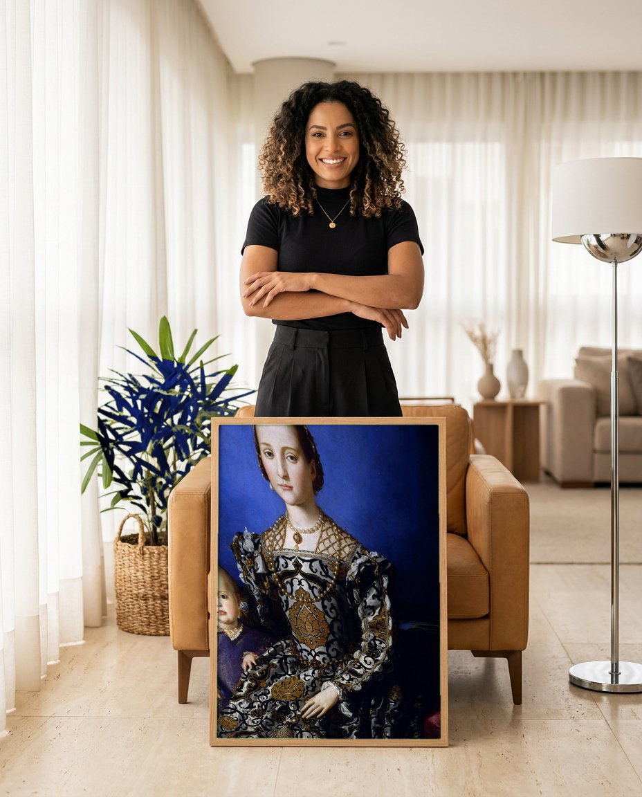 Quadro Decorativo Senhora com Filho - Bronzino com modelo em ambiente