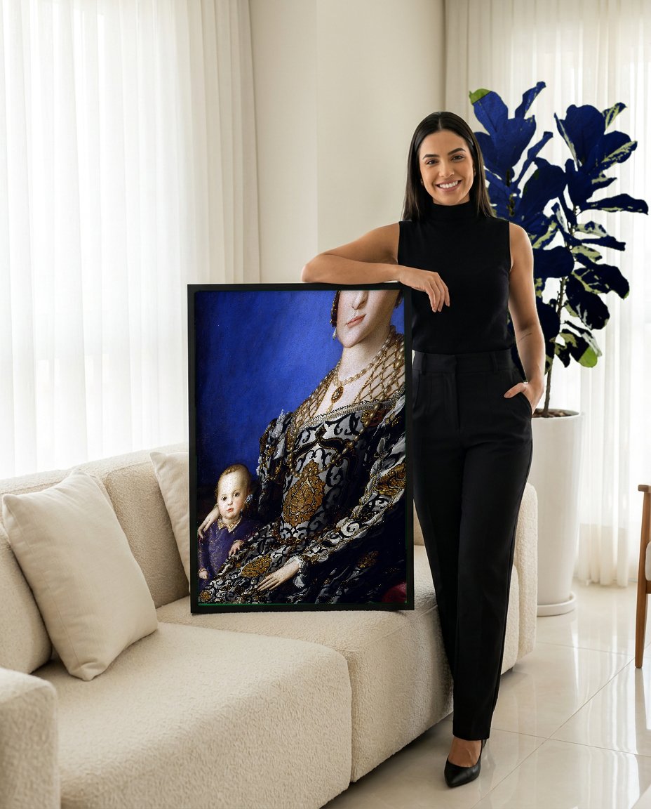 Quadro Decorativo Senhora com Filho - Bronzino com modelo em ambiente
