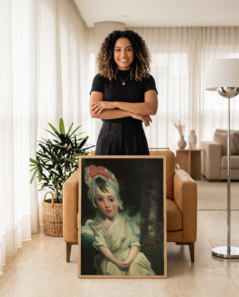 Quadro Decorativo A Menina com Touca Rosa - Reynolds com modelo em ambiente