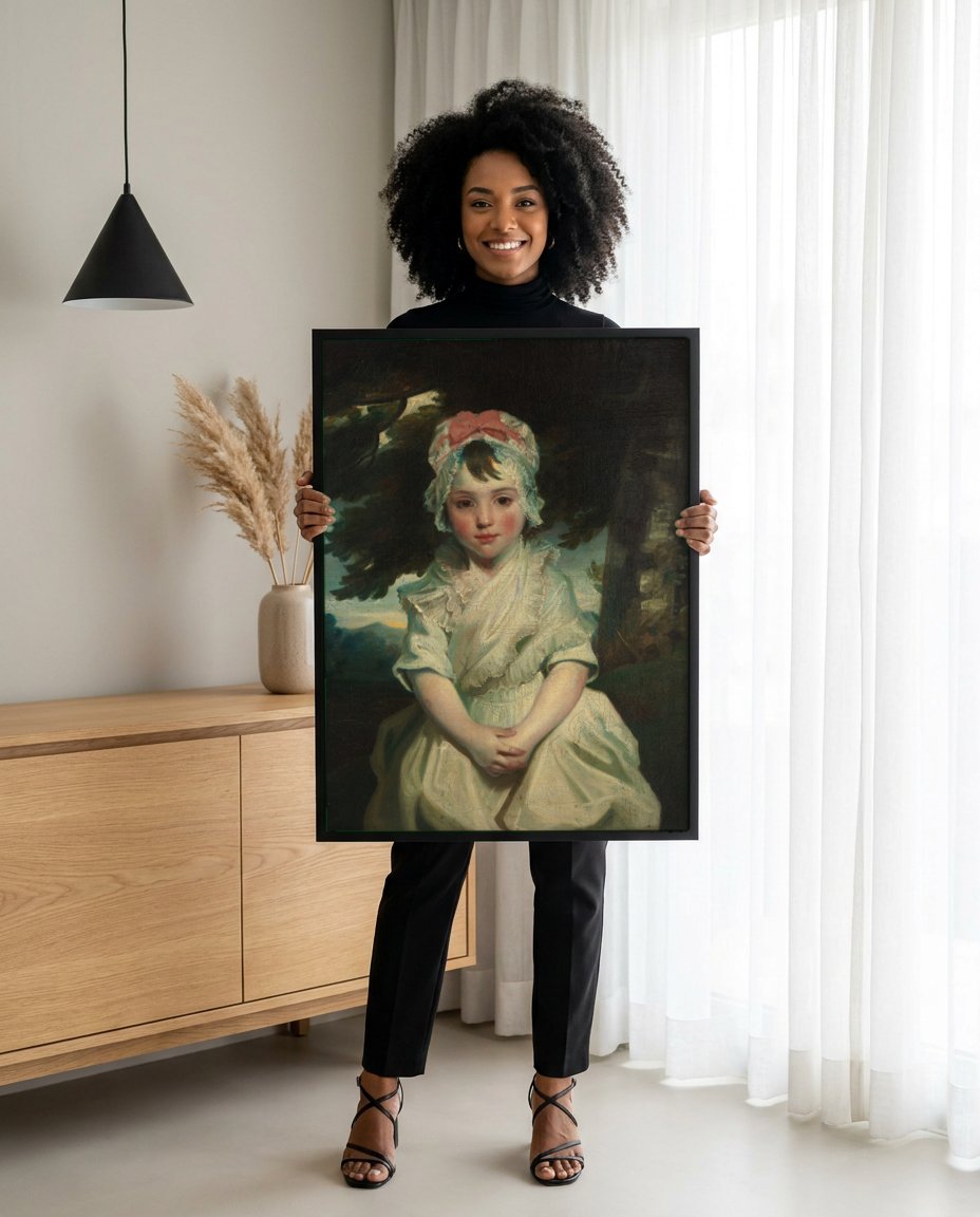 Quadro Decorativo A Menina com Touca Rosa - Reynolds com modelo em ambiente