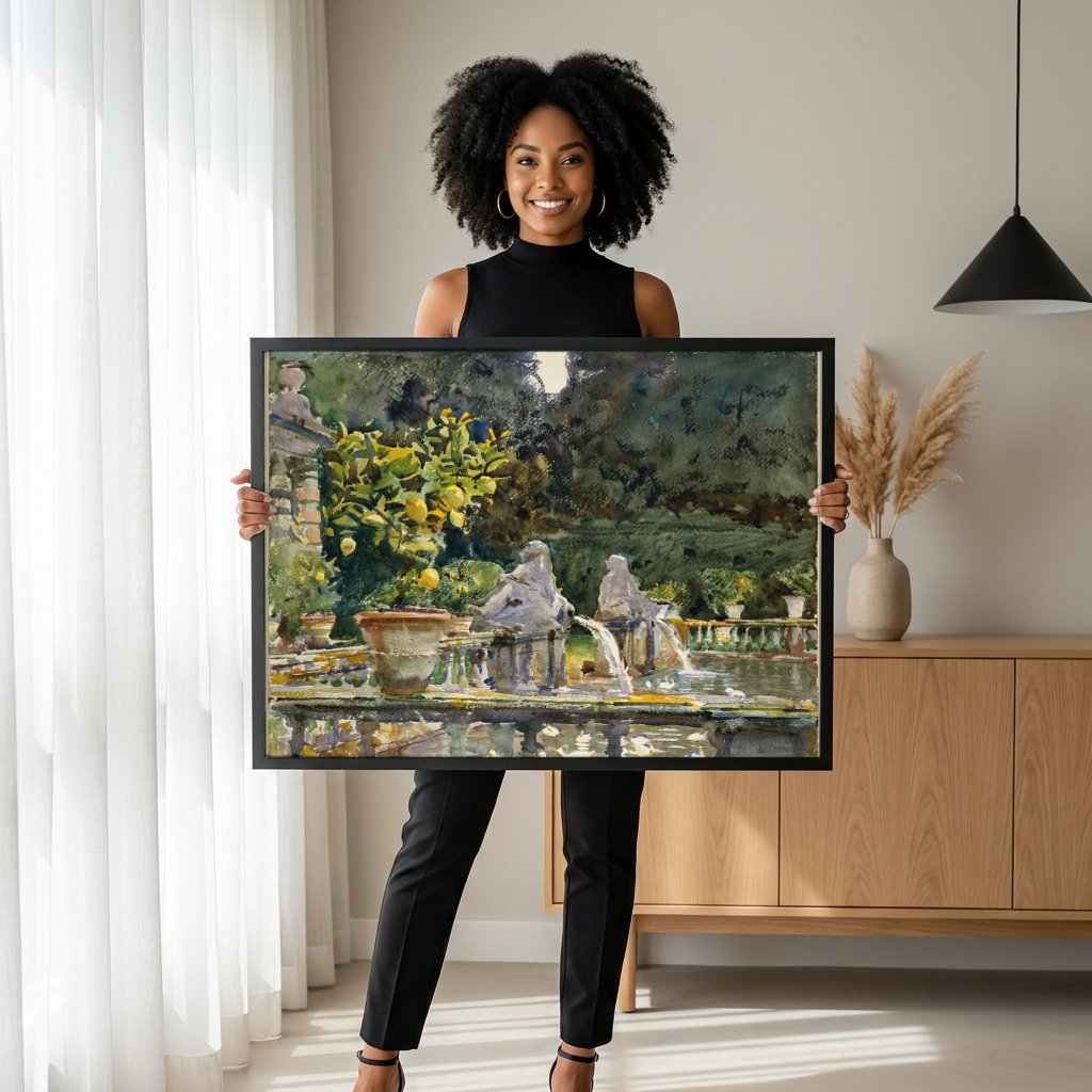 Quadro Decorativo Jardins com Limoeiros e Fontes - John Singer Sargent com modelo em ambiente
