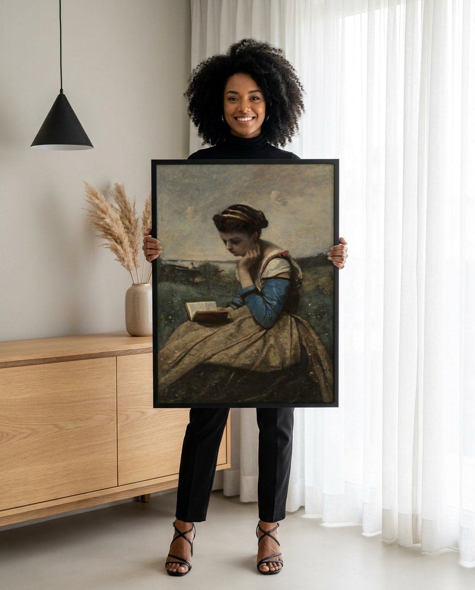 Quadro Decorativo A Leitora - Corot com modelo em ambiente