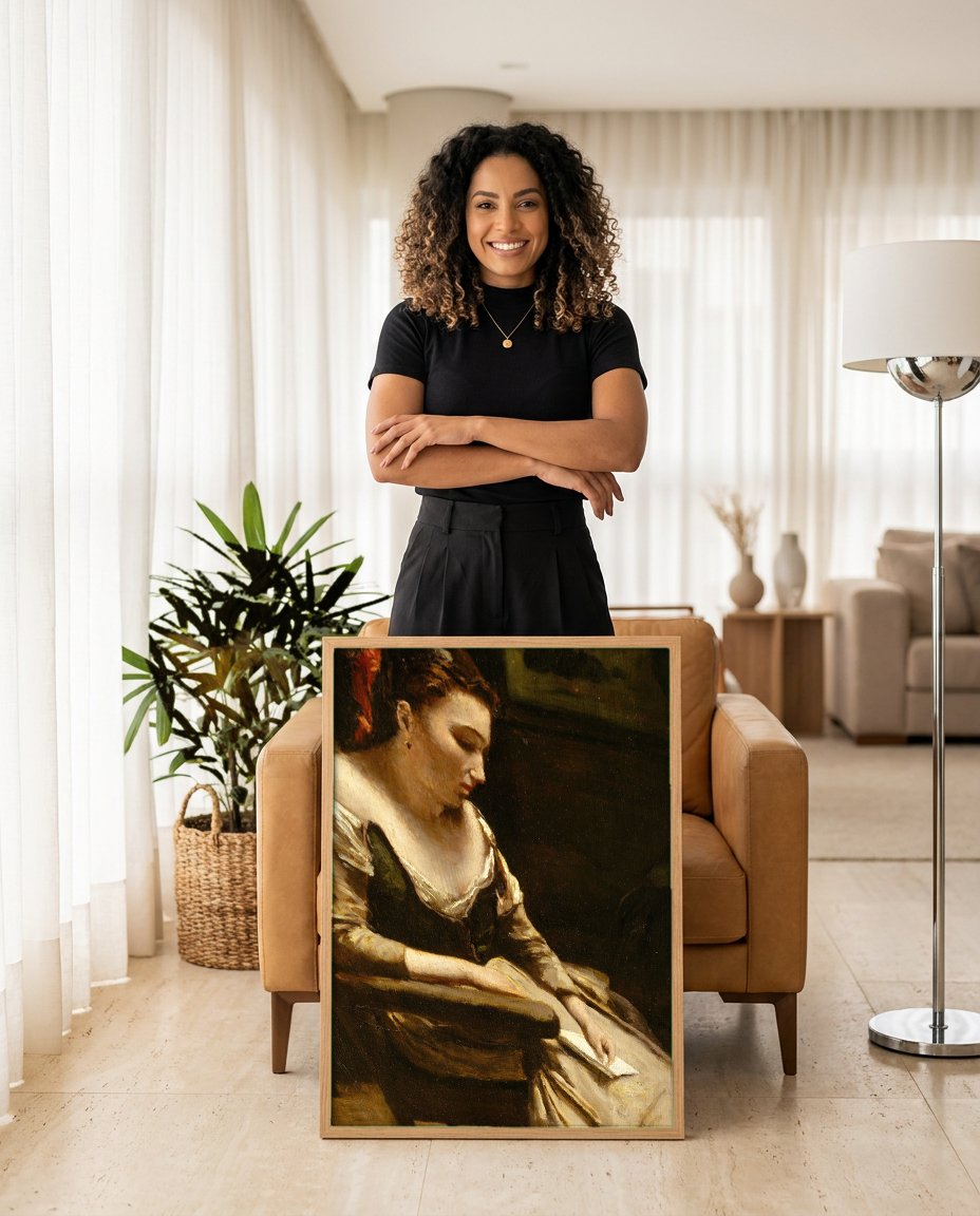 Quadro Decorativo A Leitora - Corot com modelo em ambiente