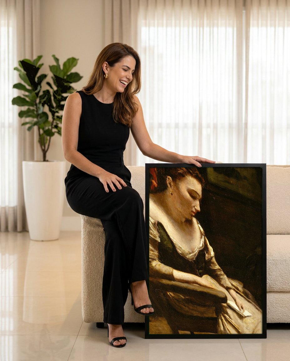 Quadro Decorativo A Leitora - Corot com modelo em ambiente