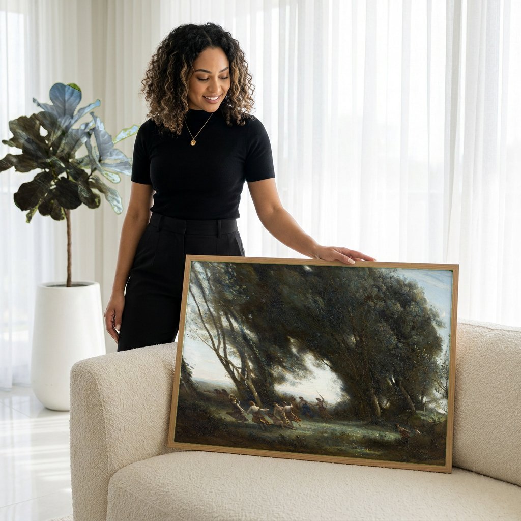 Quadro Decorativo Ninfas e Sátiros - Corot com modelo em ambiente