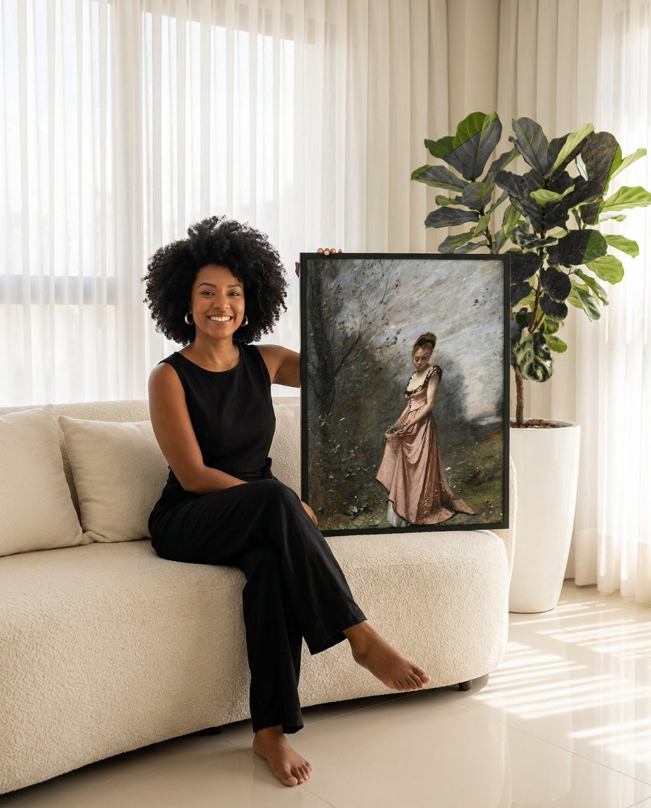 Quadro Decorativo A Jovem de Rosa - Corot com modelo em ambiente